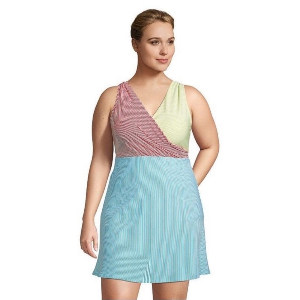 Lands End surplice swim dress, seersucker pattern, size 14